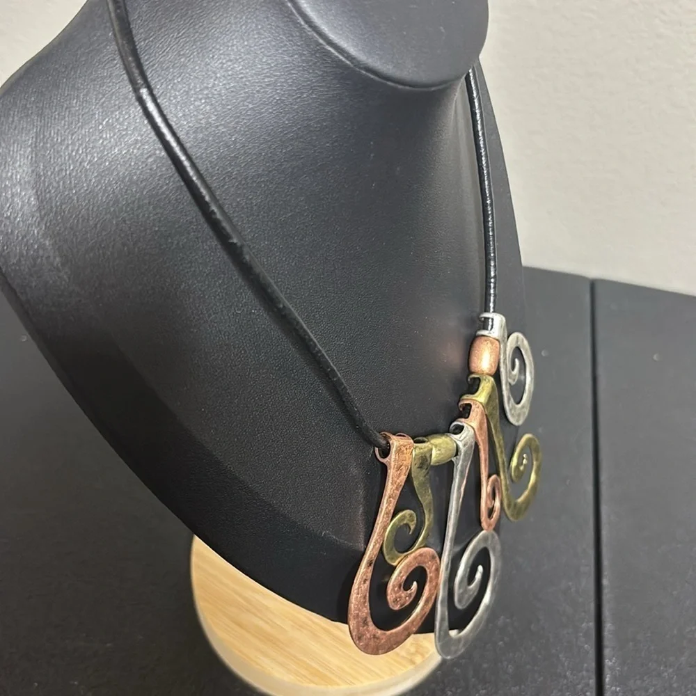Patina Hammered Art to Wear Swirl Curly Metal Leather Statement Necklace